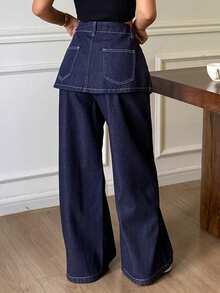 DAZY 2pcs Western Cowgirl Loose Wide Leg Pants & Skirt Set, Casual Street Style For Women, Autumn/Winter Women Jeans - Blue - View 2