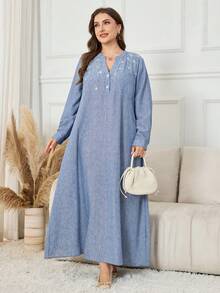 Modelyn Vestido casual de otoño con cuello con muesca bordado para tallas grandes - Azul - Ver 7