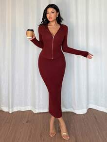 Chiquease 2 Stücke Damen Lässig Everyday Passende Gerippte Strick Strickjacke und Rock Set, Slim Fit, Herbst/Winter - Rot - Übersicht 5