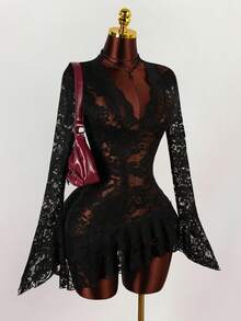 Amplova 夏季嬉皮风格女士透明低胸迷你连衣裙 - 黑色 - 查看 8