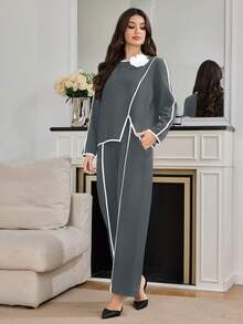 Modelyn 2 件套女式撞色饰边 3D 花卉装饰简约上衣和裤子套装 2 件套 - 灰色 - 查看 6