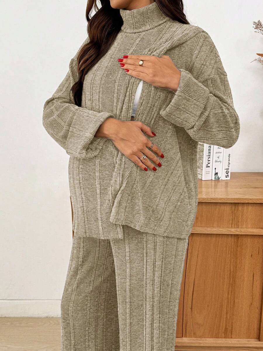 SHEIN 2件套孕妇休闲高领长袖上衣和裤子套装，秋季 - 杏色 - 查看 1