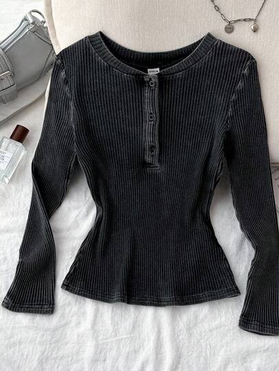 Tee-shirt décontracté à manches longues avec boutons côtelés pour préadolescentes, noir et gris