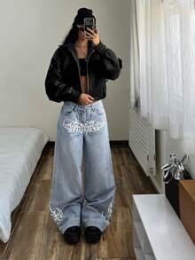 SHEIN Tall Women's Casual Washed Print Low Waist Wide Leg Jeans - Blue - View 7