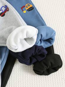 SHEIN 4 件套加厚保暖内衬慢跑裤，男童女童秋冬装，舒适休闲日常服装，简约交通图案，适合室内、户外、日常穿着、运动、派对、拍照、节日、街头服饰