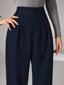 Heiryn Women's Button Design Pleated Loose Straight Leg Pants - Navy Blue - View 1
