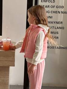 SHEIN 3 件套女童休闲可爱长袖上衣、无袖拉链背心和松紧腰裤套装 - 粉色 - 查看 5