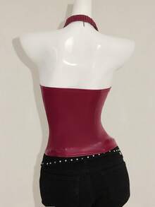 SHEIN ICON 红色 Y2K V 领 PU 皮革外出演唱会女式演唱会黑色哥特性感索环纯色时尚侧交叉带露背背心，夏季 - 酒紅色 - 查看 2