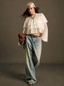 SoleilVie 女士秋冬多层蕾丝荷叶边衬衫、斗篷衬衫、仙女芯 - 白色 - 查看 6