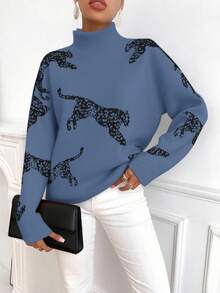 SHEIN LUNE Women's Casual Oversized Leopard Animal Print High Neck Loose Sweater, Autumn/Winter - Dark Blue - View 4