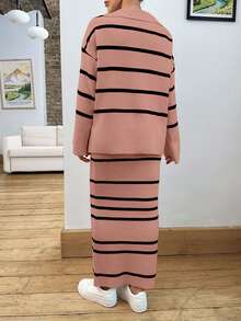 EURMUSE Women Stripe Pattern Collar Neck Drop Shoulder Pullover & Sweater Skirt Set - Dusty Pink - View 2