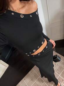 SHEIN Unity Damen Schwarzes Maxikleid mit langen Ärmeln, asymmetrischer Schulter, Ausschnitt-Taille und Fischschwanz-Saum, Ösen-Ausschnitt-Design, Y2K Punk Stil, modisch, sexy, geeignet für Party, Nachtclub, Straße, Musikfestival, bequem, dehnbar, weich, Herbst - Schwarz - Übersicht 1