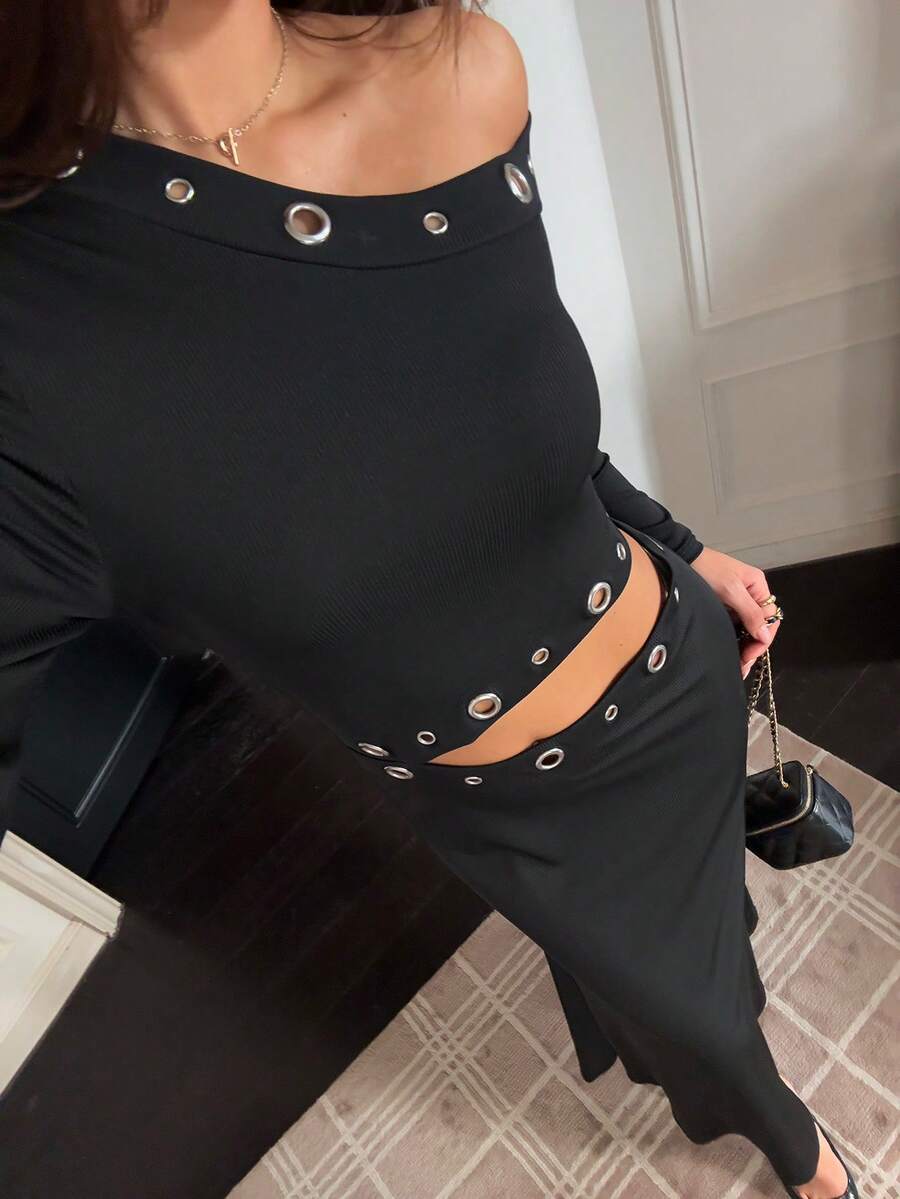 SHEIN Unity Damen Schwarzes Maxikleid mit langen Ärmeln, asymmetrischer Schulter, Ausschnitt-Taille und Fischschwanz-Saum, Ösen-Ausschnitt-Design, Y2K Punk Stil, modisch, sexy, geeignet für Party, Nachtclub, Straße, Musikfestival, bequem, dehnbar, weich, Herbst - Schwarz - Übersicht 1