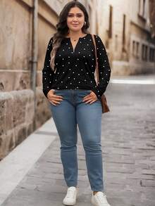 Mellowie Locker sitzendes Langarm-T-Shirt mit Rundhalsausschnitt und halbem Reißverschluss in Übergröße