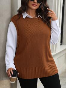SHEIN LUNE Plus Size Casual Solid Color Ribbed Knit Crew Neck Sweater Vest, Autumn - Burnt Orange - View 5