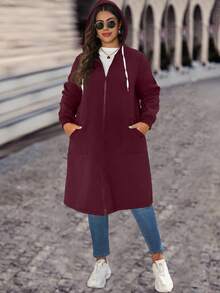 SHEIN LUNE Plus Size Color Block Thermal Lined Hooded Long Sleeve Jacket, Autumn/Winter - Burgundy - View 4