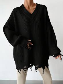 EURMUSE Drop Shoulder Distressed Sweater Black - Black - View 4