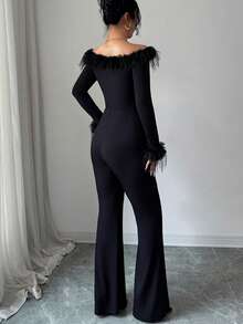 Selianne 女士优雅时尚通勤休闲舒适迷人复古浪漫假日长袖露肩毛茸茸袖口修身纯色连体裤 - 黑色 - 查看 2