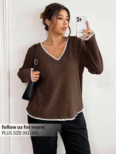 Lounesse 女式加大码V领撞色边长袖T恤