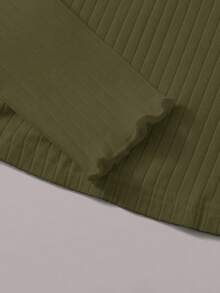 SHEIN EZwear Áo thun tay dài cổ đứng dệt kim gân màu xanh ô liu, size lớn - xanh quân đội - Xem 5