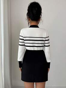 Elenzga Cárdigan de punto para mujer, de manga larga y cuello en V, con bajo asimétrico, suéter ligero con textura metálica, botón asimétrico de hoja única, a rayas clásicas en blanco y negro, mangas raglán, puños y bajo acanalados, sofisticado y elegante, versátil para uso casual, adecuado para otoño temprano e invierno como prenda de vestir para mujer