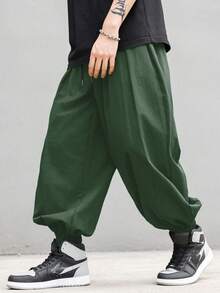 Manfinity EMRG 男士休闲纯色抽绳裤 - 軍綠色 - 查看 5