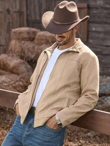 Manfinity Nomadique 美式复古新款休闲商务弹力仿麂皮男士夹克，奢华风格，秋冬 - 棕色 - 查看 4