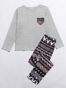 2pcs/Set Girls Casual Graphic Print Long Sleeve Top And Pants Pajama Set - Grey - View 3