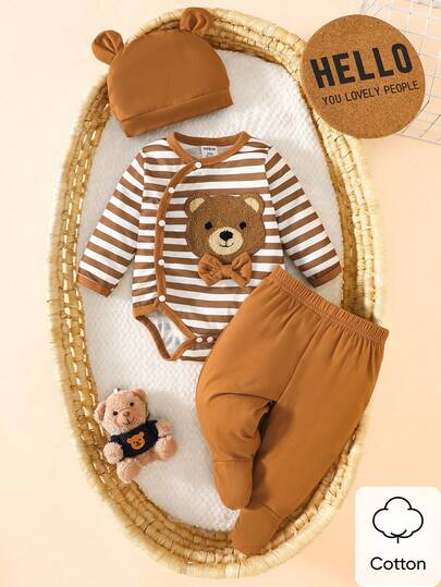 Newborn Male Baby Brown Striped Teddy Bear Embroidered Bow Long Sleeved Jumpsuit Paired With Brown Pants And Hat 3 Pieces Set, Comfortable And Simple Fabric, Suitable For Home Gifting