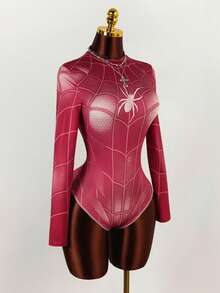 Amplova 女式秋季时尚蜘蛛和蛛网印花修身长袖紧身衣 - 紅色 - 查看 5