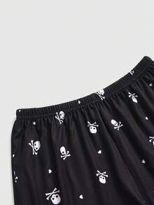 ROMWE Bộ đồ ngủ hai dây và quần short họa tiết chấm bi và đầu lâu Gothic màu tương phản - màu đen - Xem 8