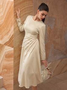 Modelyn Apricot Color High-End French Style Pleated Cinched Waist Elegant Long Sleeve Dress - Apricot - View 8