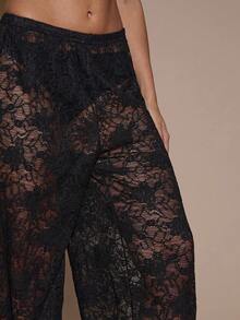 SHEIN BAE 女式纯色蕾丝拼布裤 - 黑色 - 查看 7