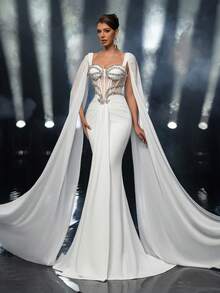 Glamrae Elegant White Elastic Knit Waist Boned Sheer Chiffon Extra Long Mesh Flare Sleeve Luxurious Handmade Rhinestone Fishtail Extra Long Trailing Adjustable Tie Suitable For Wedding Events Bridal Gown - White - View 7