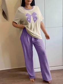 SHEIN Plus Size Women Knitted Ribbed Bow Embroidered Round Neck Short Sleeve Pants Casual Pajama Set - Purple - View 3