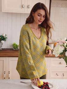 Louniche Women's Casual College Style Loose Fit V-Neck Raglan Sleeve Plaid Pattern Sweater, Autumn/Winter