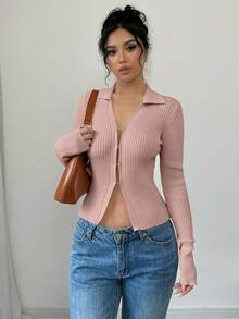 Selianne 女式秋冬翻领喇叭袖修身罗纹针织开衫 - 粉色 - 查看 5