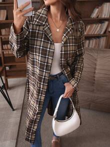 Louniche 女士秋冬休闲复古双色格子大衣，宽松中长百搭外套 - 棕色 - 查看 7