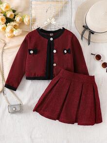 SHEIN Elladie kids 年轻女孩休闲撞色蝴蝶结装饰夹克和百褶迷你裙套装，适合日常、通勤、上学、秋季 - 酒紅色 - 查看 3
