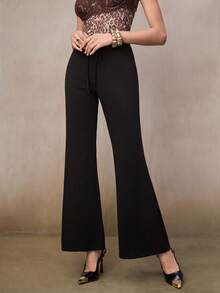 Modelyn Women's Low Waist Tie Flare Pants, Drapey & Slimming, Loose Casual Long Trousers, Spring/Autumn - Black - View 4