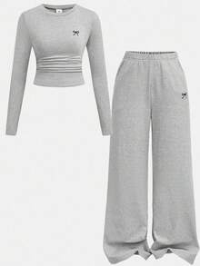 SHEIN Tween Girls Versatile Butterfly Pattern Long Sleeve Top And Pants 2 Pieces Set, Light Grey Teen Two Piece Long Sleeve Set Teen Pants Set 2 Piece Sets Woman Girls Two Piece Outfit Long Sleeve Crop Top And Pants Set/Halloween,Fall,Winter,Autumn,Christmas,Y2k,Summer,Pink Set Outfit For Women Girld Outfit Set Full Outfit Set Clothes Set Grey Girl S Outfit