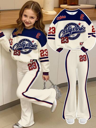 SHEIN Leap Crew Tween Girl Casual Color Block Letter Graphic Drop Shoulder Sweatshirt And Flare Pants Set, Autumn