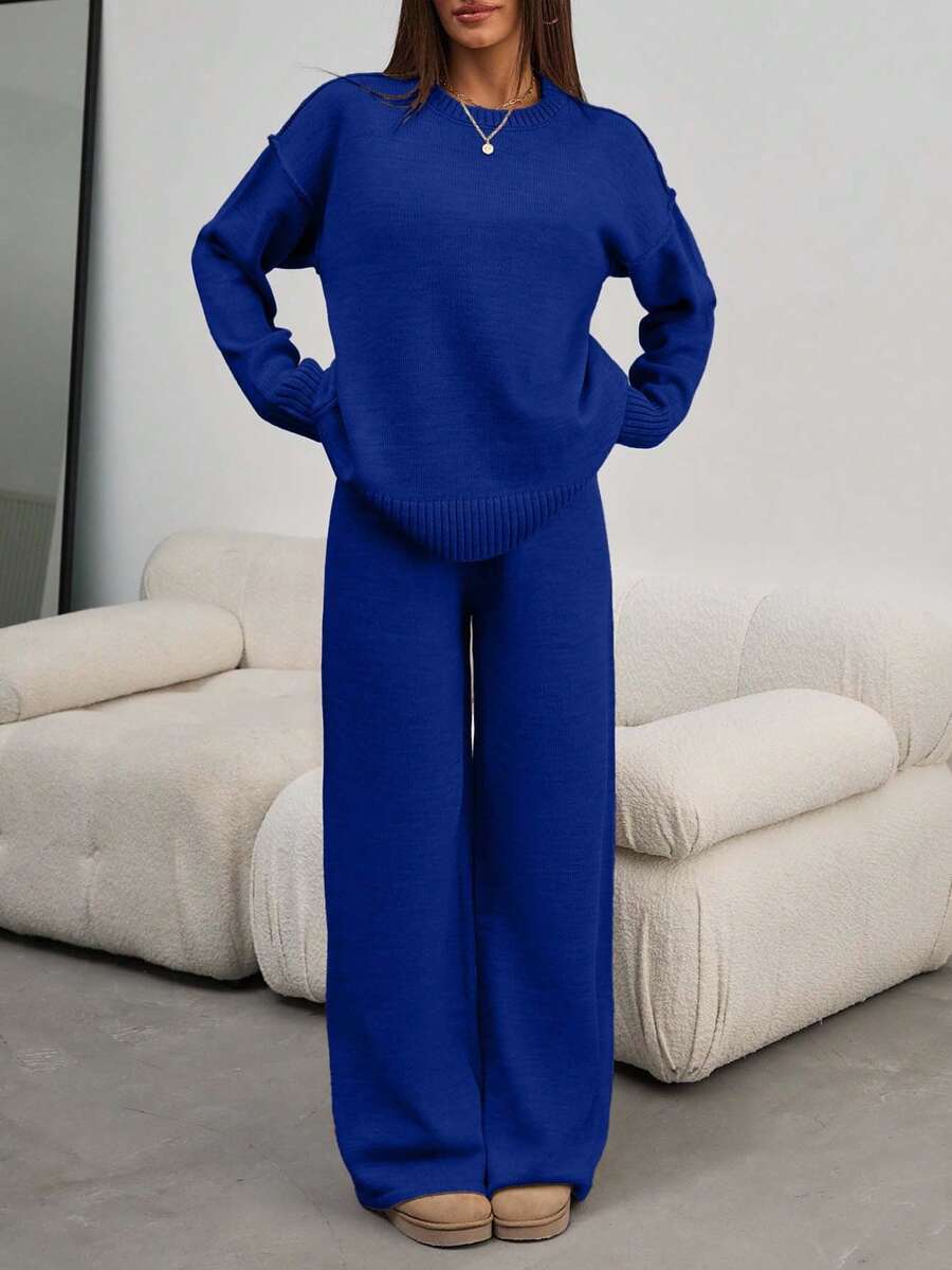 EURMUSE Women Round Neck Rib Knitted Sweater And Sweater Pant 2pcs Sets Co-Ord - Royal Blue - View 1