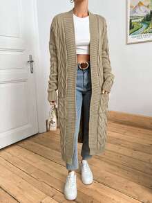 SHEIN 纯色口袋有线休闲百搭长袖开衫 - 米色 - 查看 4