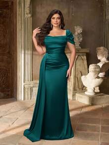 Aureia Vestido de dama de honor de satén de lujo con hombros abiertos, cintura fruncida, bajo de cola de sirena, en color verde, para tallas grandes y estilo minimalista elegante - Agua verde azul - Ver 4