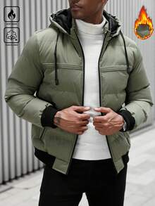 Manfinity CasualCool 男士绗缝拉链连帽加厚外套，冬季保暖 - 軍綠色 - 查看 1