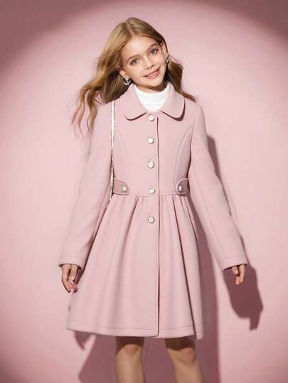 Tween 女童单排扣翻领长款喇叭外套