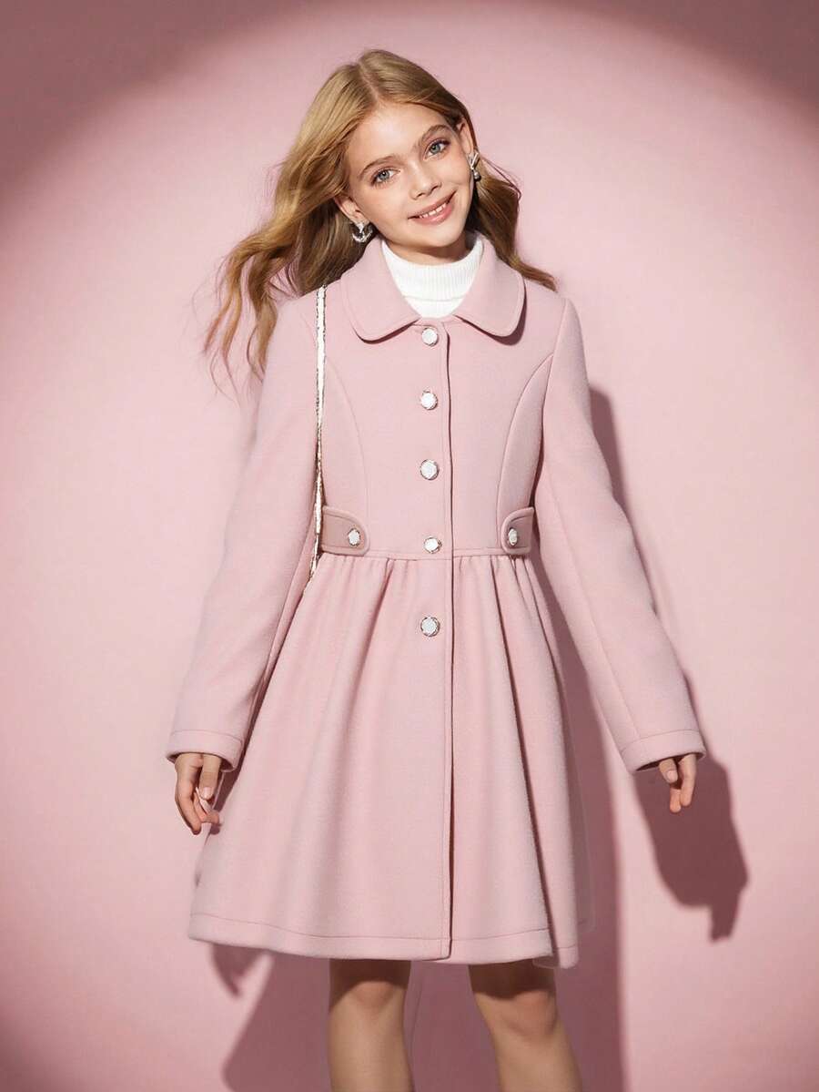 Tween 女童单排扣翻领长款喇叭外套