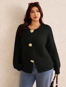 Elaquor Plus Size Minimalist Casual Solid Color Metal Button Decor Knit Cardigan, Autumn/Winter - Black - View 5