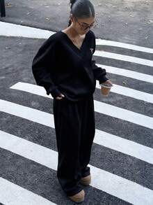 SHEIN EZwear Bộ 2 áo nỉ rộng rãi cổ chữ V đính nơ trang trí cho nữ và quần nỉ, thường ngày, thu/đông - màu đen - Xem 5